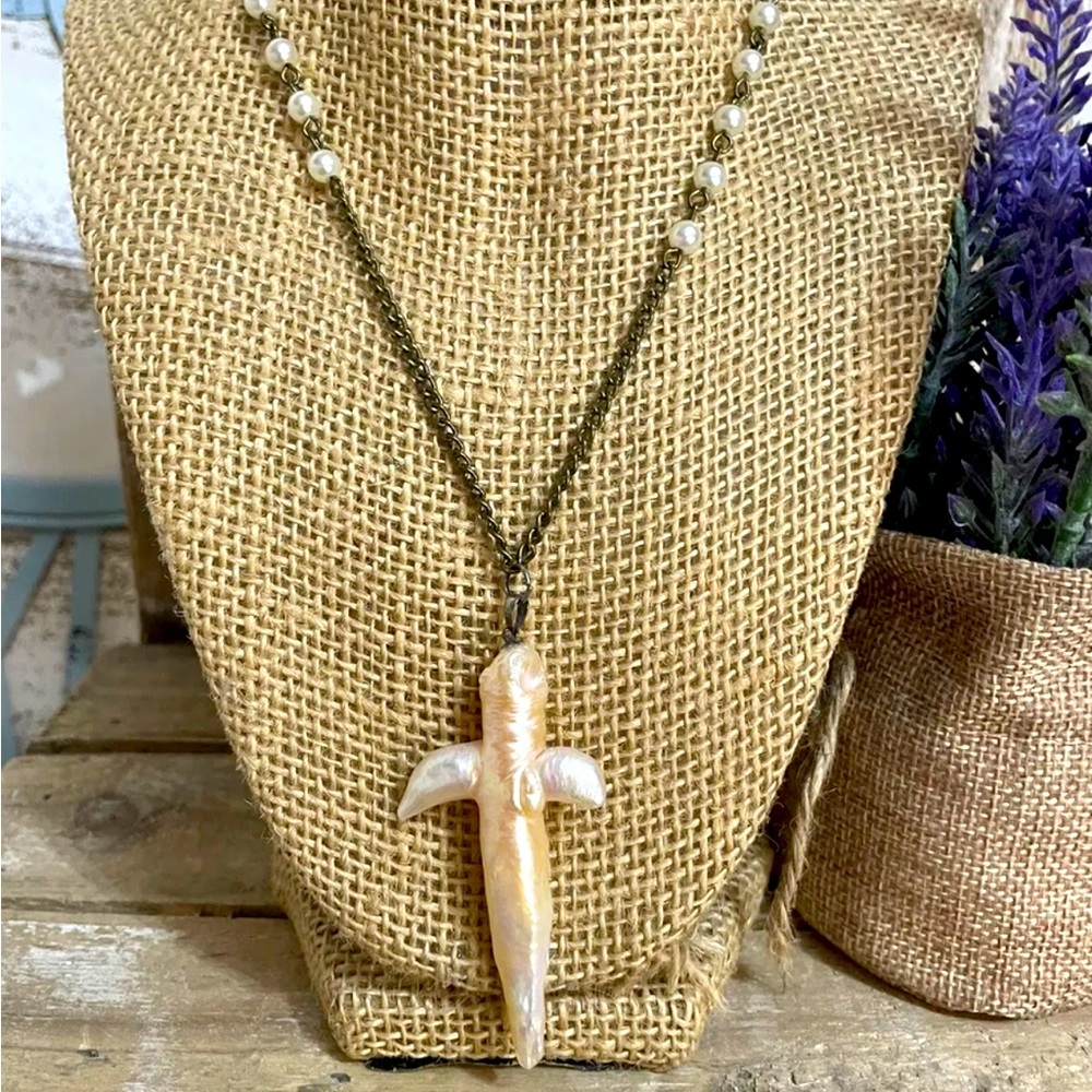 Natural Baroque Freshwater Pearl Gemstone Cross Adjustable Pendant Necklace NEW